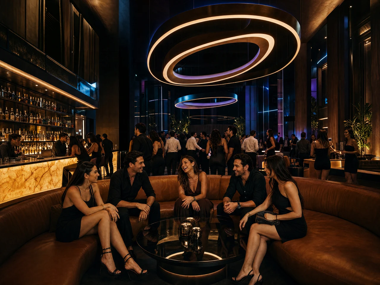 Amigos conviviendo en un club nocturno contemporáneo con iluminación cálida